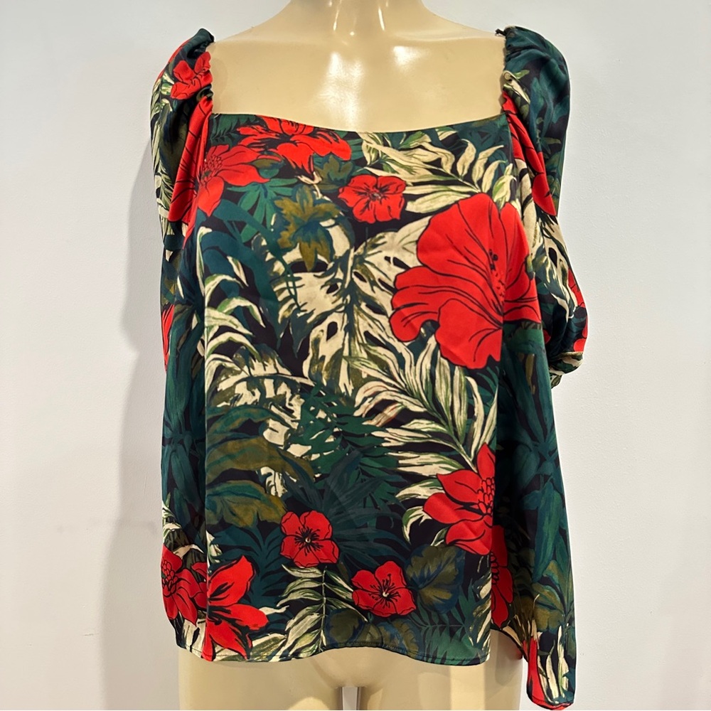 Zara Floral Puff Sleeve Satin Top Sz M Short Sleeves Red Green Monstera